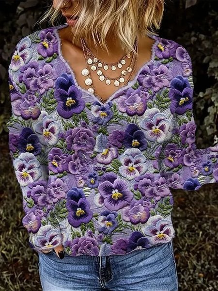 

Violet Plant Flower Art V-neck Knitted Sweater, Purple, Cardigans