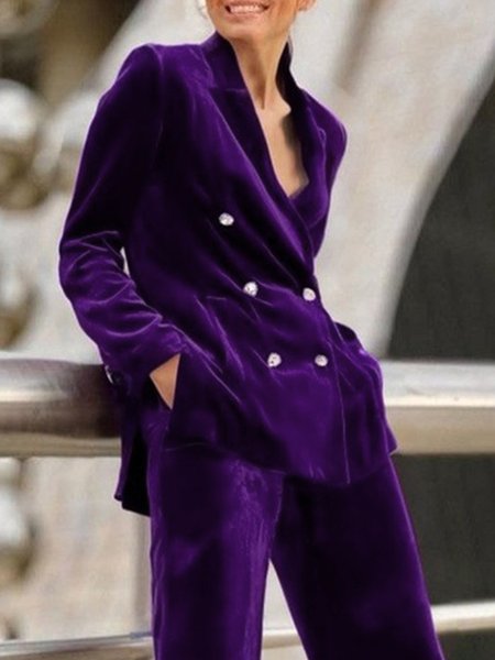 Velvet Lapel Collar Plain Urban Buttoned Blazer, Purple, Blazers