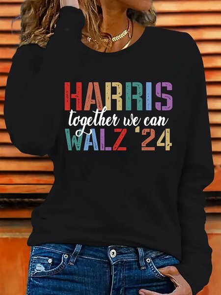 

Casual Text Letters Crew Neck Long Sleeve T-shirt, Black, T-shirts