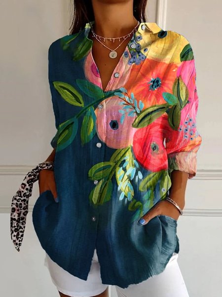 

Shirt Collar Long Sleeve Floral Regular Loose Shirt For Women, Multicolor, Shirts