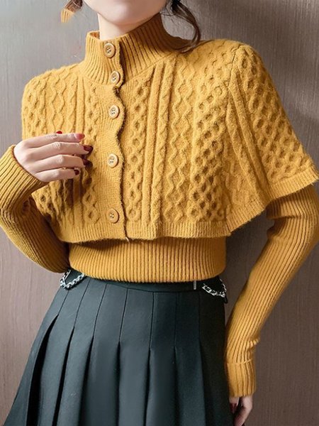 

Mock Neck Plain Elegant Sweater Two-Piece Set, Mustard, Pullovers