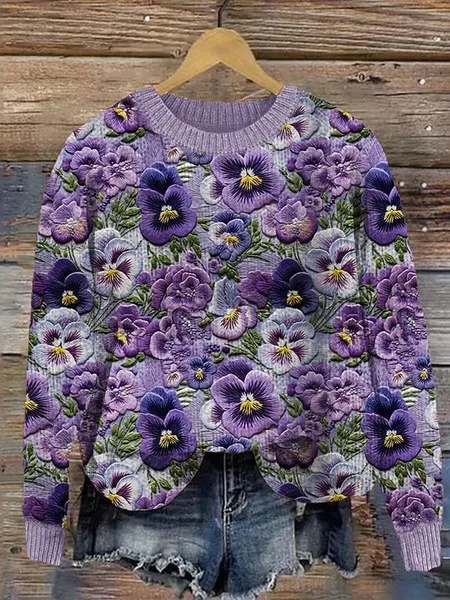 

Violet flower art pullover knitted sweater, Purple, Cardigans