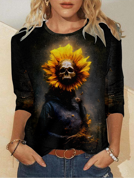 

Casual Floral Crew Neck Long Sleeve T-shirt, Black, T-shirts