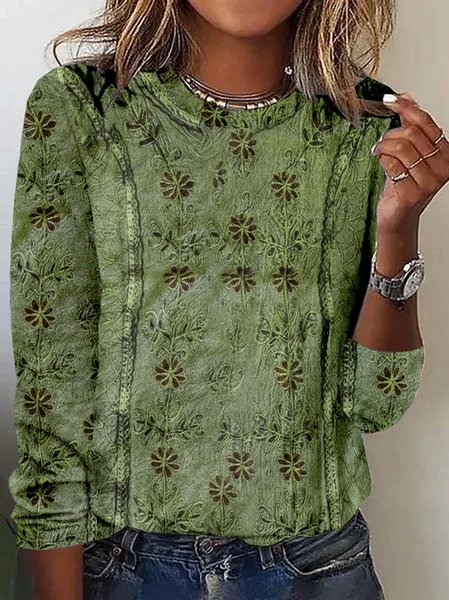 

Loose Crew Neck Boho Jersey T-Shirt, Green, Long sleeves
