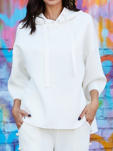 

Loose Regular Sleeve Plain Beaded Casual Hoodie, White, Hoodies and Sweatshirts