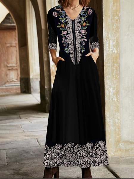 

Women Floral V Neck Long Sleeve Comfy Casual Pocket Stitching Maxi Dress, Black, Dresses
