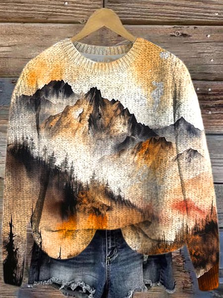 

Crew Neck Landscape Painting Loose Simple Sweater, Yellow, Sweaters