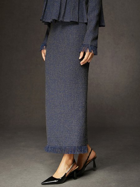 

Plain Elegant High Waist Tweed Fringe Skirt, As picture, Skirts