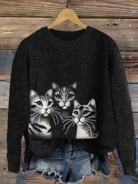 American Shorthair Cats Crochet Cozy Knit Sweater, Black, Sweaters