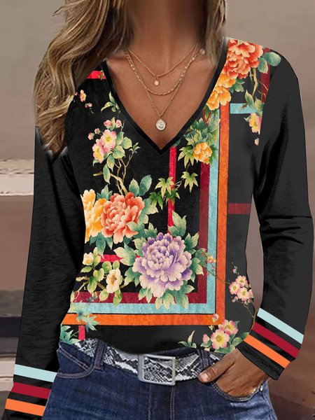 Casual Striped V Neck Long Sleeve T-shirt, Black, T-shirts