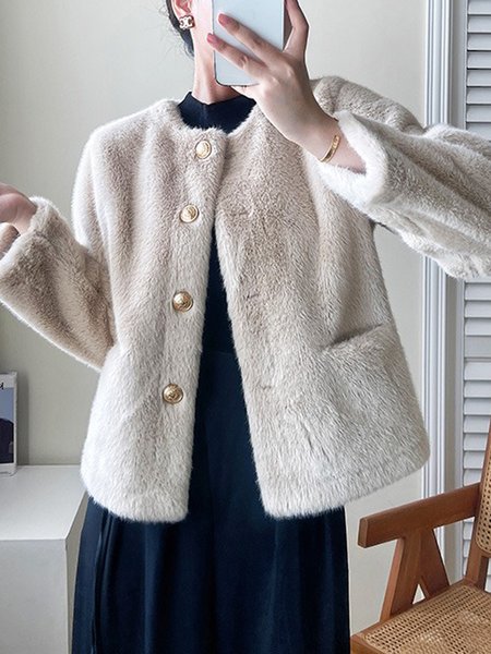 

Crew Neck Elegant Regular Sleeve Plain Teddy Jacket, Apricot, Teddy Jackets
