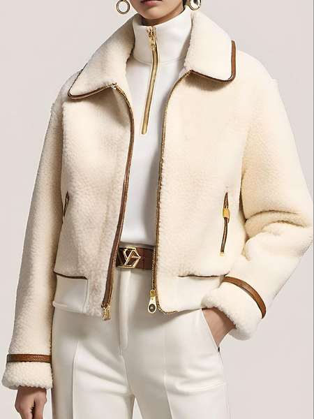 

Loose Casual Regular Sleeve Shirt Collar Long Sleeve Teddy Jacket, Off white, Teddy Jackets