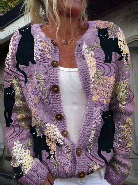 

Black Cat Flower Knitted Cardigan Sweater, Purple, Cardigans