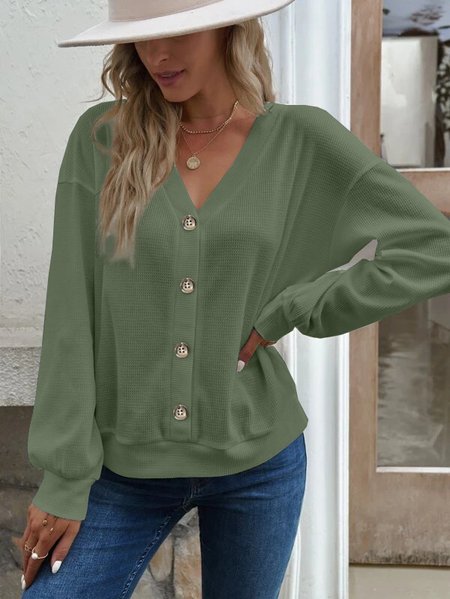 V Neck Long Sleeve Plain Regular Micro-Elasticity Loose Blouse For Women, Army green, Blouses