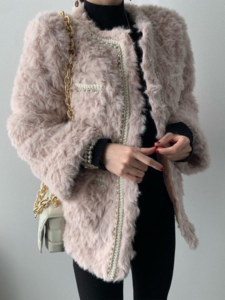 

Loose Elegant Plain Crew Neck Teddy Jacket, Dusty pink, Teddy Jackets