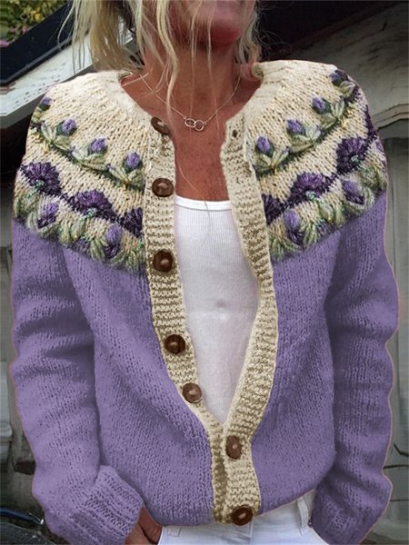 

Purple flower button knit cardigan, Cardigans