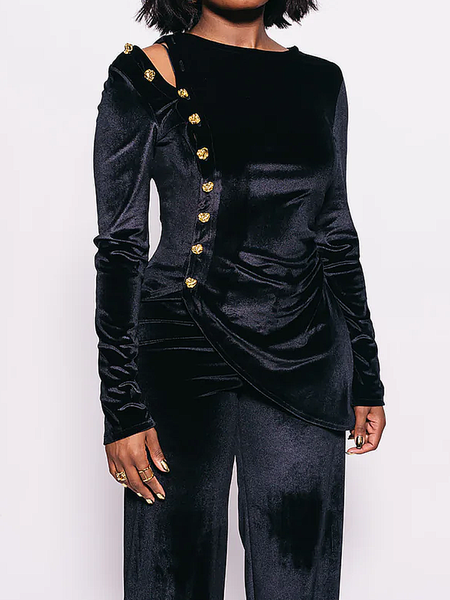 

RMedium Elasticity egular Sleeve Crew Neck Long Sleeve Urban Regular Fit Blouse, Black, Blouses and Shirts