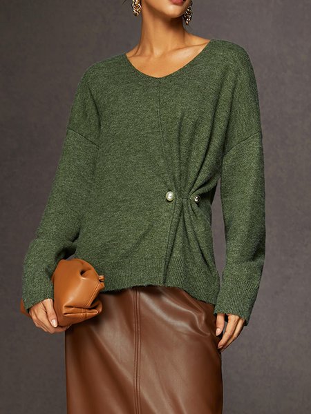 

Plain Urban V Neck Sweater with Pearl Pin, Green, Pullovers