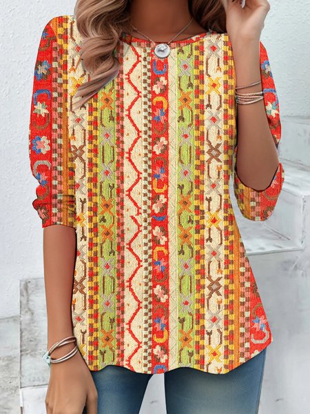 

Casual Ethnic Crew Neck Long Sleeve T-shirt, Multicolor, T-shirts