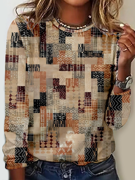 Casual Loose Geometric Jersey T-Shirt, Khaki, Long sleeves