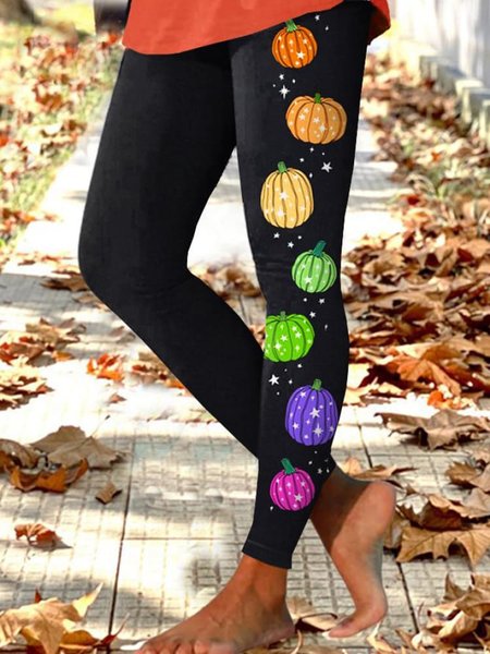 

Pumpkin Pattern Jersey Casual Tight Leggings, Black, Leggings