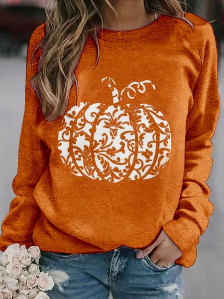 Casual Crew Neck Halloween Sweatshirt, Orange, Hoodies & Sweatshirts