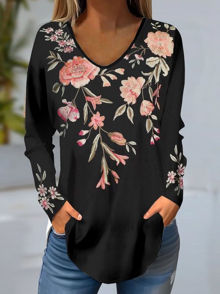 

V Neck Long Sleeve Floral Regular Micro-Elasticity Loose Blouse For Women, Black, Blouses