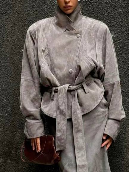 Casual Long Sleeve Faux Leather Coat With Belt, Gray, Jackets