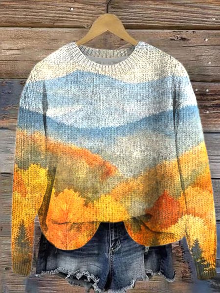 

Knitted Landscape Painting Simple Sweater, Yellow, Sweaters