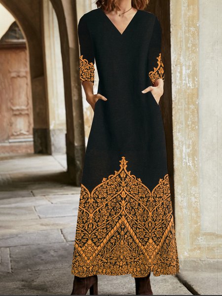 

Women Ethnic V Neck Long Sleeve Comfy Vintage Pocket Stitching Maxi Dress, Black, Dresses