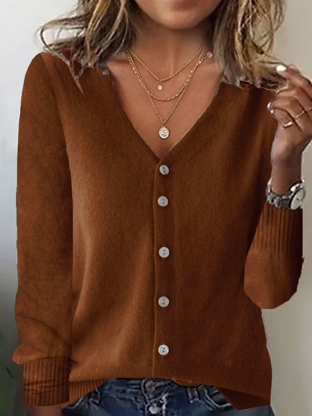 

Women Yarn/Wool Yarn Plain Long Sleeve Comfy Casual Buckle Cardigan, Coffee, Cardigans