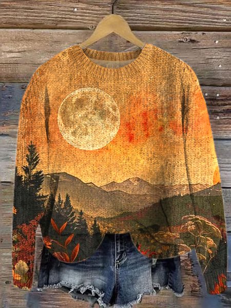 

Crew Neck Casual Landscape Painting Loose Sweater, Orange, Sweaters