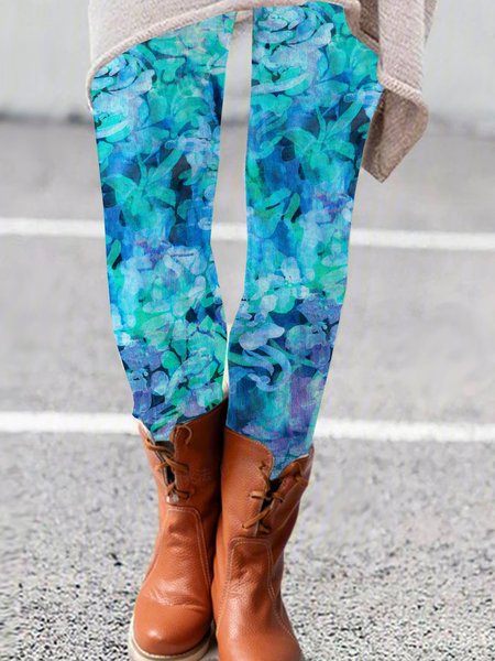 

Floral printed casual tight leggings, Blue, Leggings