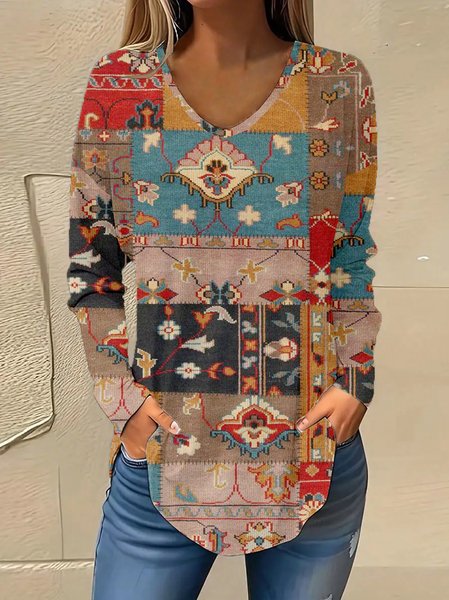 

Vintage Color Block V Neck Long Sleeve T-shirt, Multicolor, T-shirts