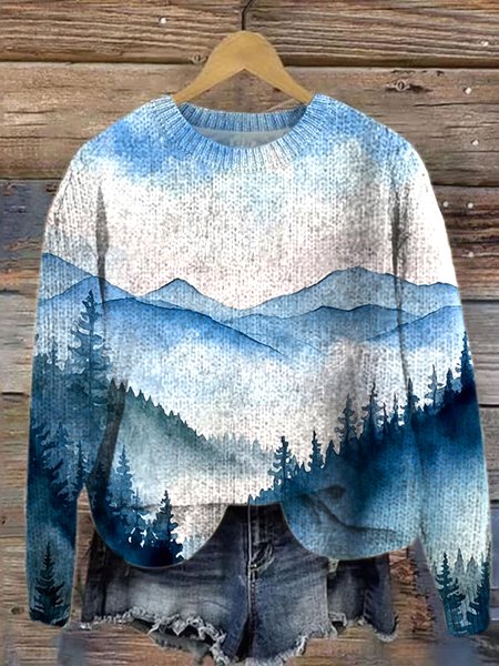 

Landscape Painting Loose Casual Sweater, Blue, Sweaters