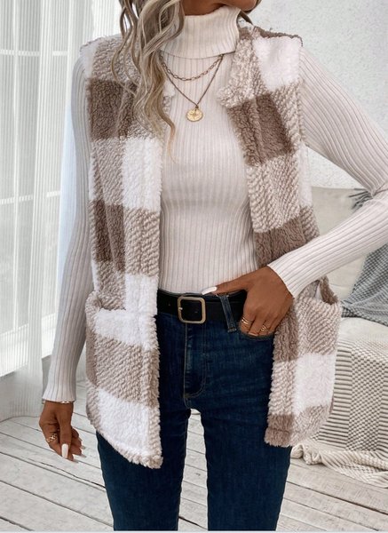 Women's Plaid Fleece Loose Vest, Khaki, Outerwear