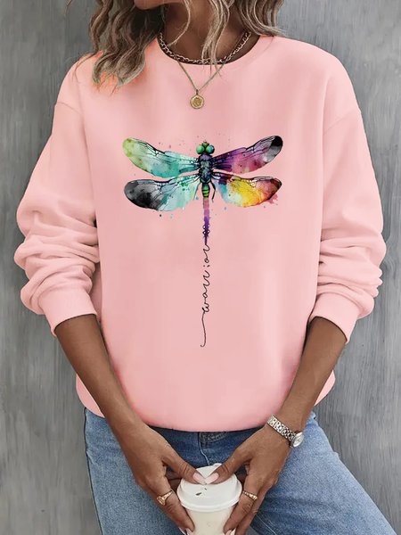 Crew Neck Casual Dragonfly Sweatshirt, Pink, Hoodies&Sweatshirts