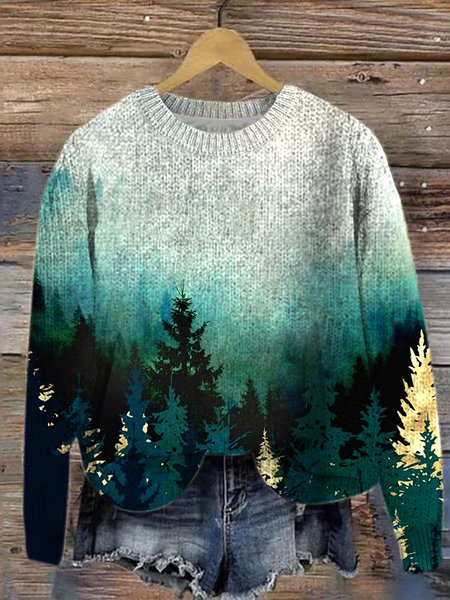 

Landscape Painting Knitted Crew Neck Casual Sweater, Green, Sweaters