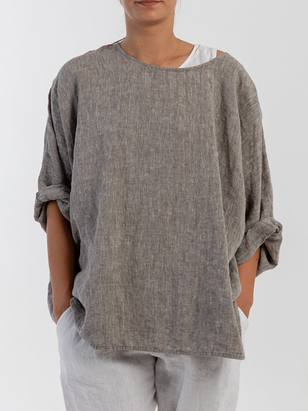

Plain Linen Blouse, Gray-brown, Long/Full Length Sleeve
