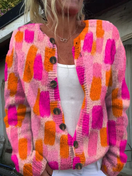 

Women's Pink Art Color Block Breast Cancer Sweater Knit Cardigan, Cardigans