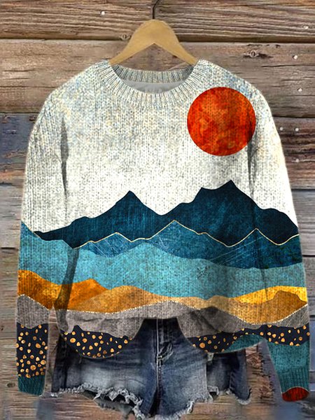 

Casual Loose Landscape Painting Sweater, Blue, Sweaters