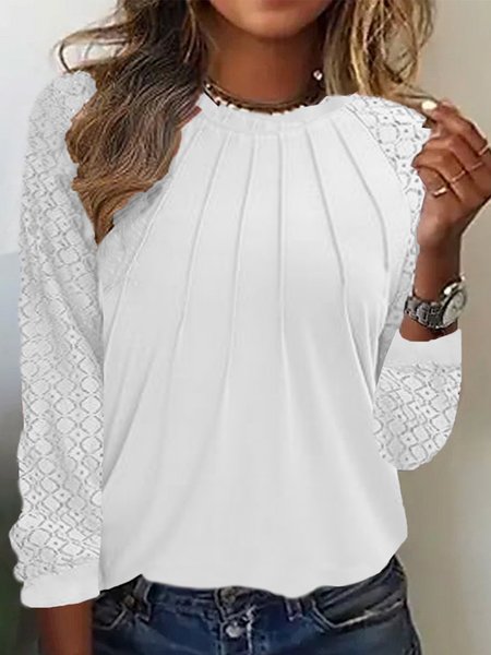 

Casual Plain V Neck Long Sleeve T-shirt, White, T-shirts