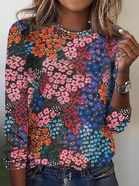 

Casual Floral Crew Neck Long Sleeve T-shirt, Multicolor, T-shirts
