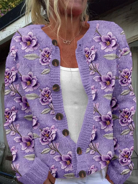 

Women's Pink Floral Breast Cancer Sweater Knit Cardigan, Purple, Cardigans