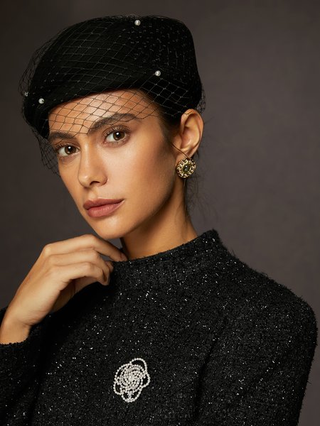 

Elegant Retro Pearl Mesh Woolen Beret, Black, Hats