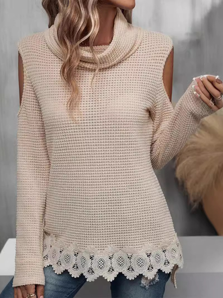Crew Neck Long Sleeve Plain Regular Micro-Elasticity Loose Blouse For Women, Khaki, Blouses
