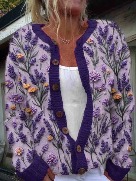 

Vintage plant flower pattern button knit cardigan sweater, Purple, Cardigans