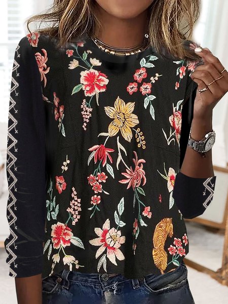 

Casual Floral Crew Neck Long Sleeve T-shirt, Black, T-shirts