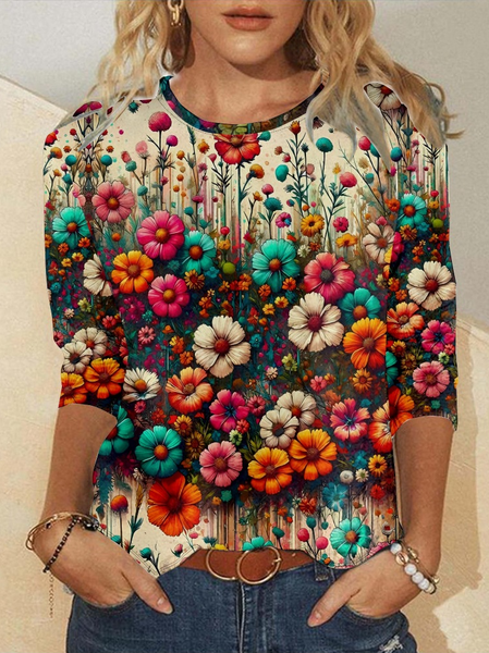 

Casual Floral Crew Neck Long Sleeve T-shirt, Multicolor, T-shirts