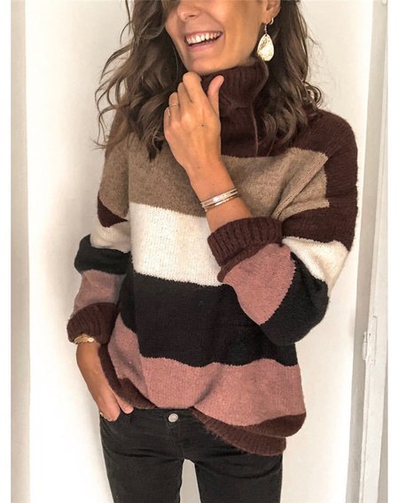 Women Yarn/Wool Yarn Striped Long Sleeve Comfy Casual Sweater, Rust, Sweaters